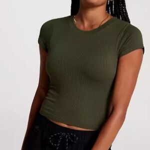 Calia LARGE Seamless Cropped T Shirt Ribbed Green Short Sleeve Built In Bra